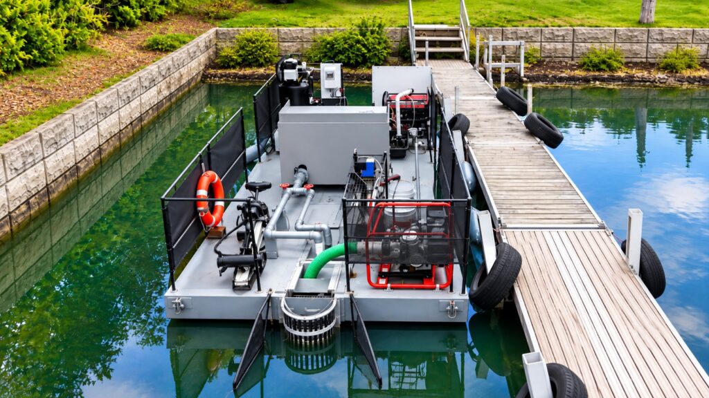 Industrial Barge in Reflective Marina Waters